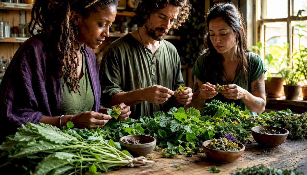 Nutritionists examining burdock root herbs