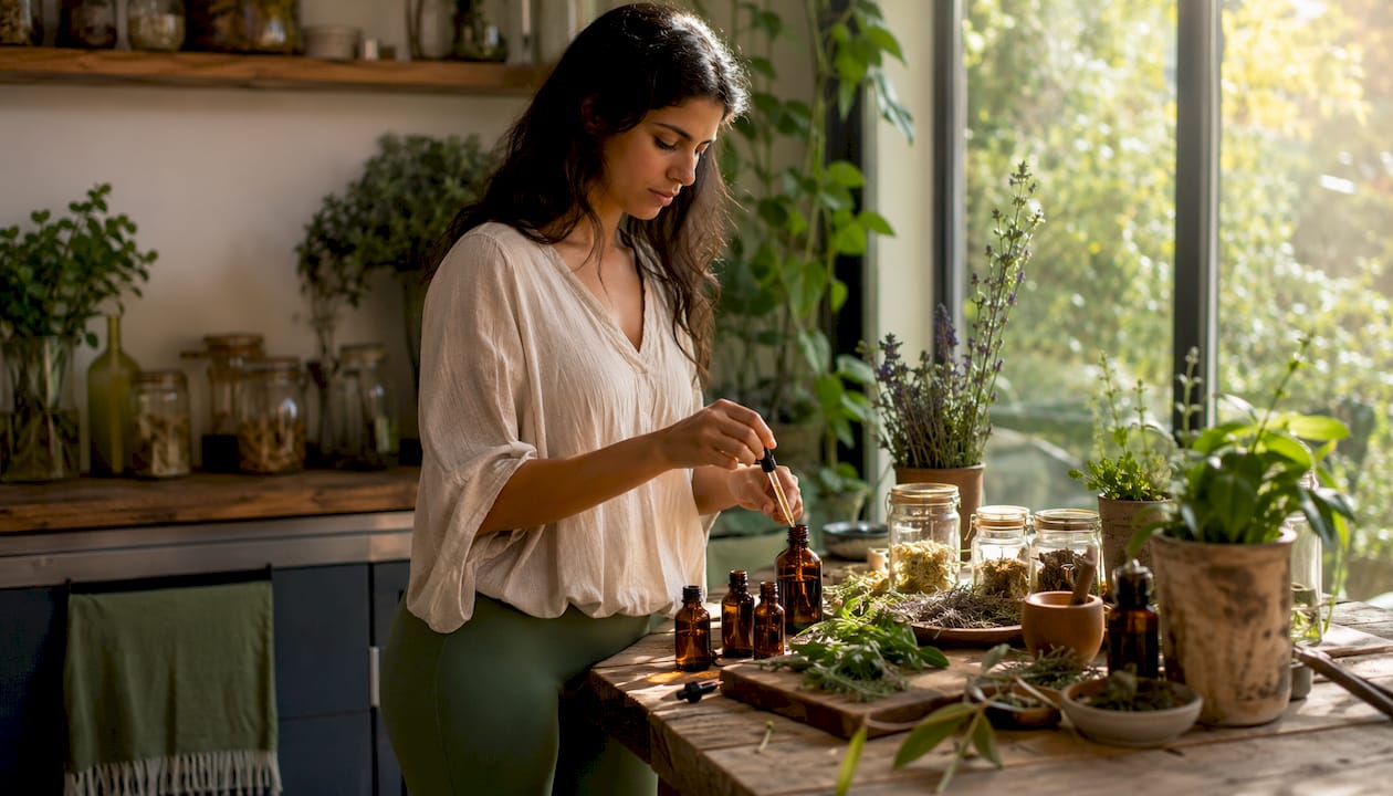 Practitioner preparing herbal detox tinctures in clinic