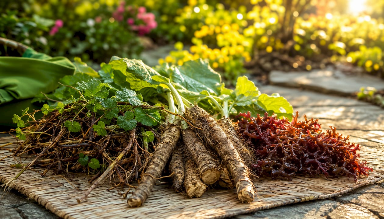 Close-up of fresh mineral-rich herbs on burlap