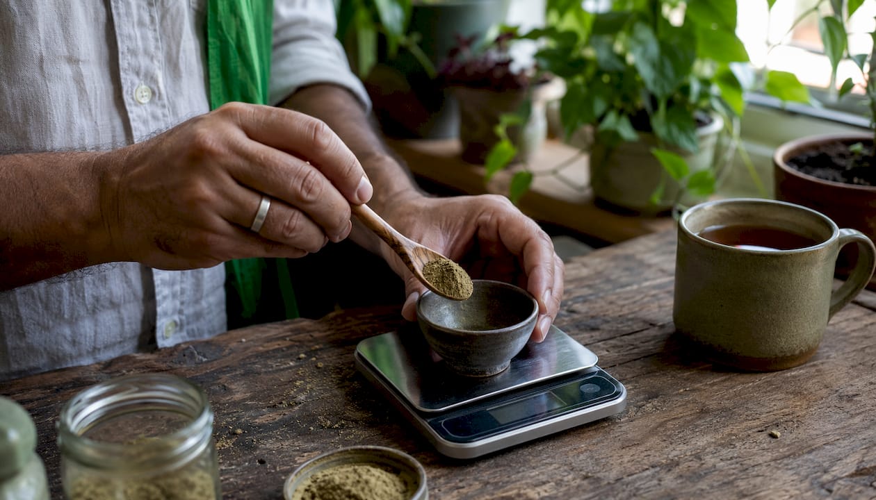 Hands measuring herbal powder for alkaline healing