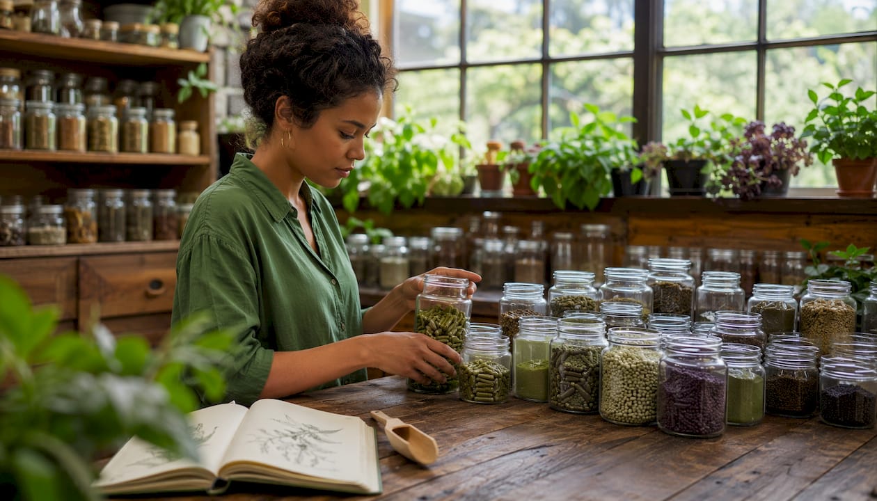 Herbal supplement capsules and dried herbs on table