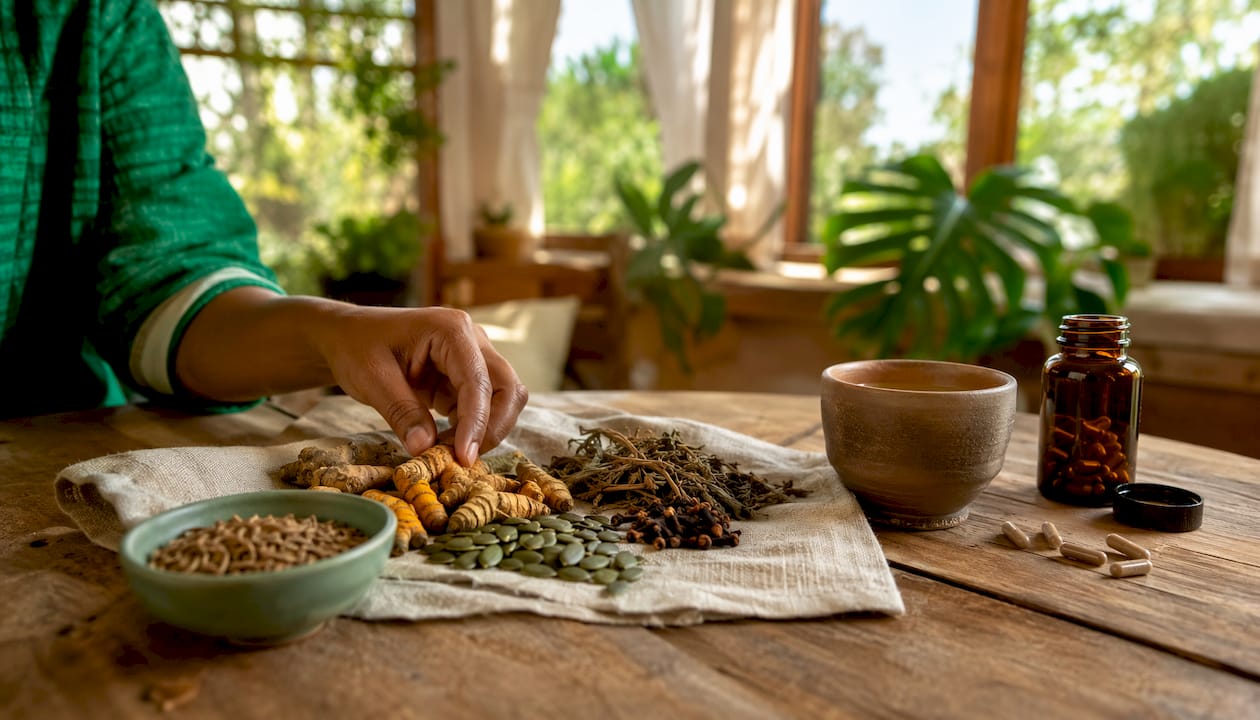 Close-up of herbal cleanse supplements and seeds