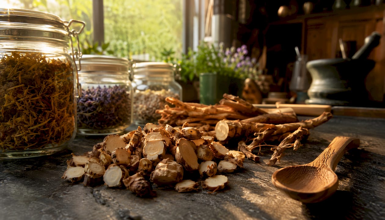 Close-up of dandelion root slices and herbal extract vials