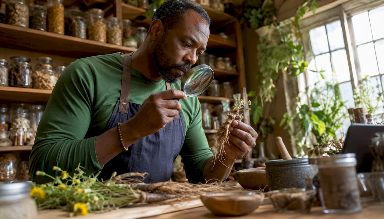 Scientist examining dandelion root in laboratory