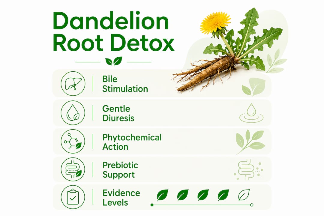 Infographic outlining dandelion root detox mechanisms and evidence