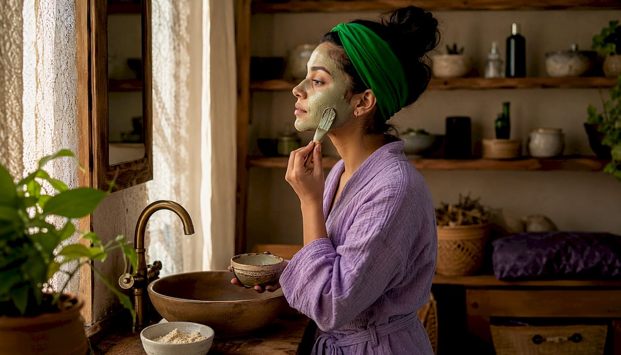 Woman applying clay mask in bright bathroom