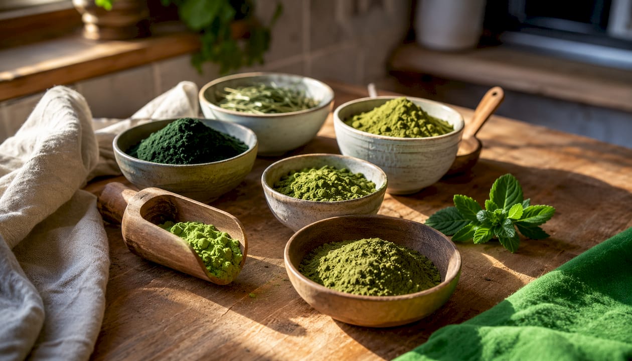 Top-down view of alkaline greens powder ingredients