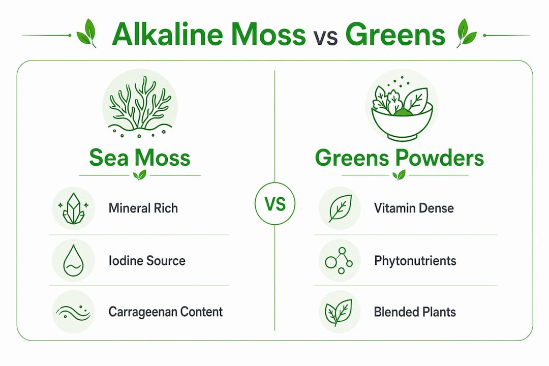 Infographic comparing alkaline moss and greens powders