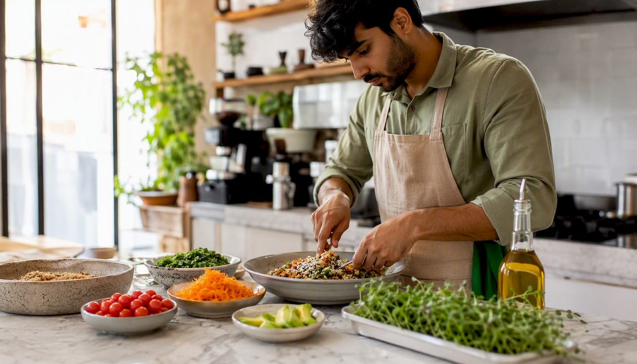 Chef preparing plant-based alkaline meal in kitchen