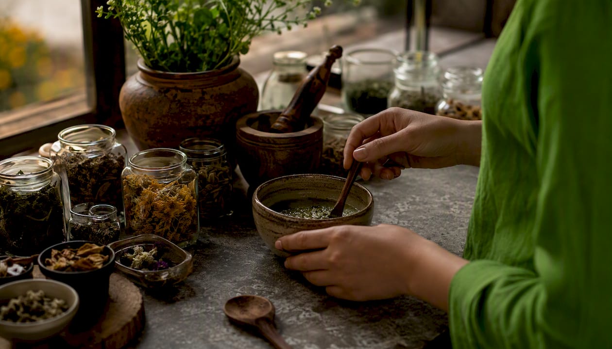 Hands soaking duck flower for herbal detox