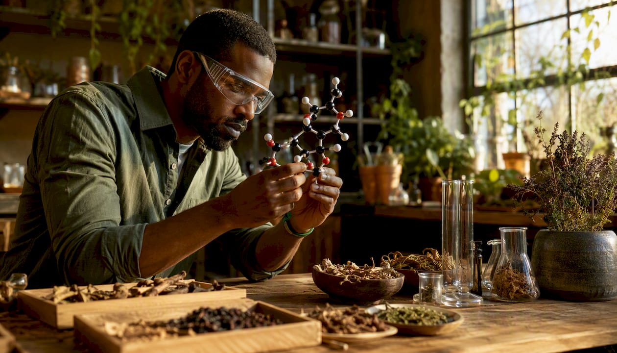 Lab chemist studying aristolochic acid molecules