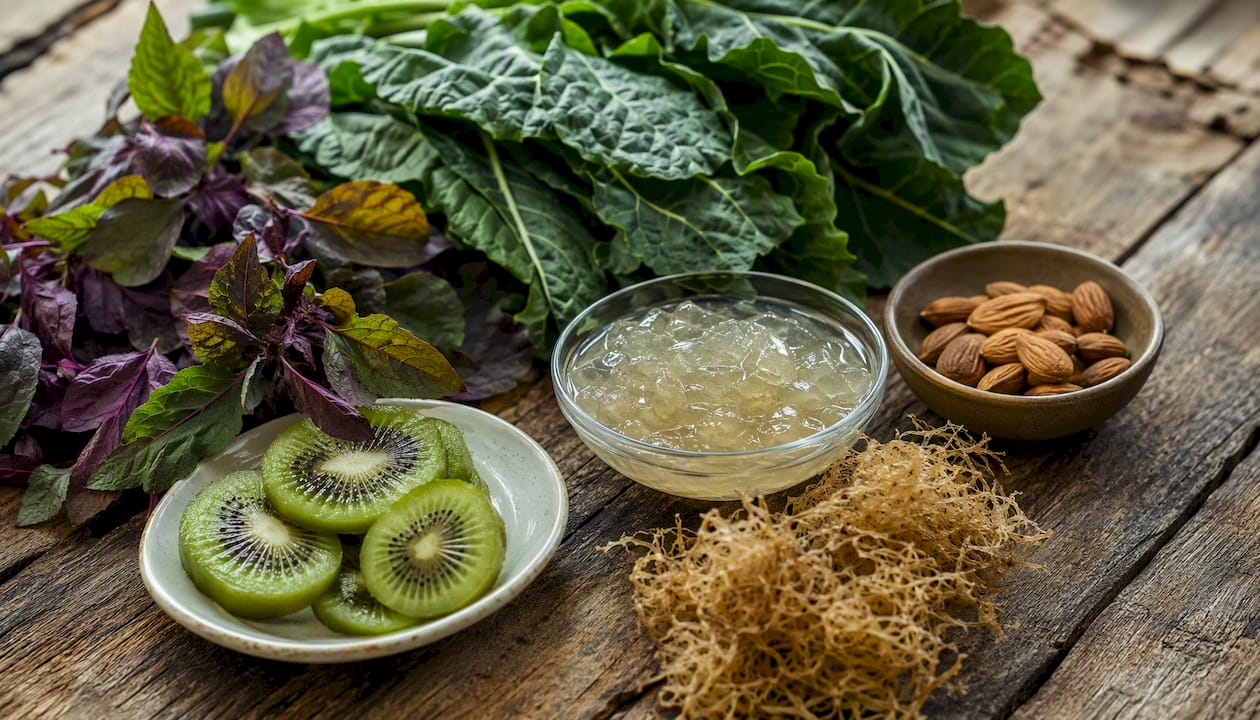 Alkaline greens and sea moss on wooden table