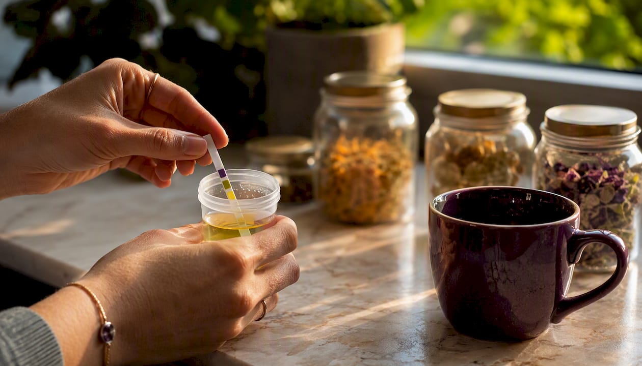 Hands dipping pH test strip into urine sample