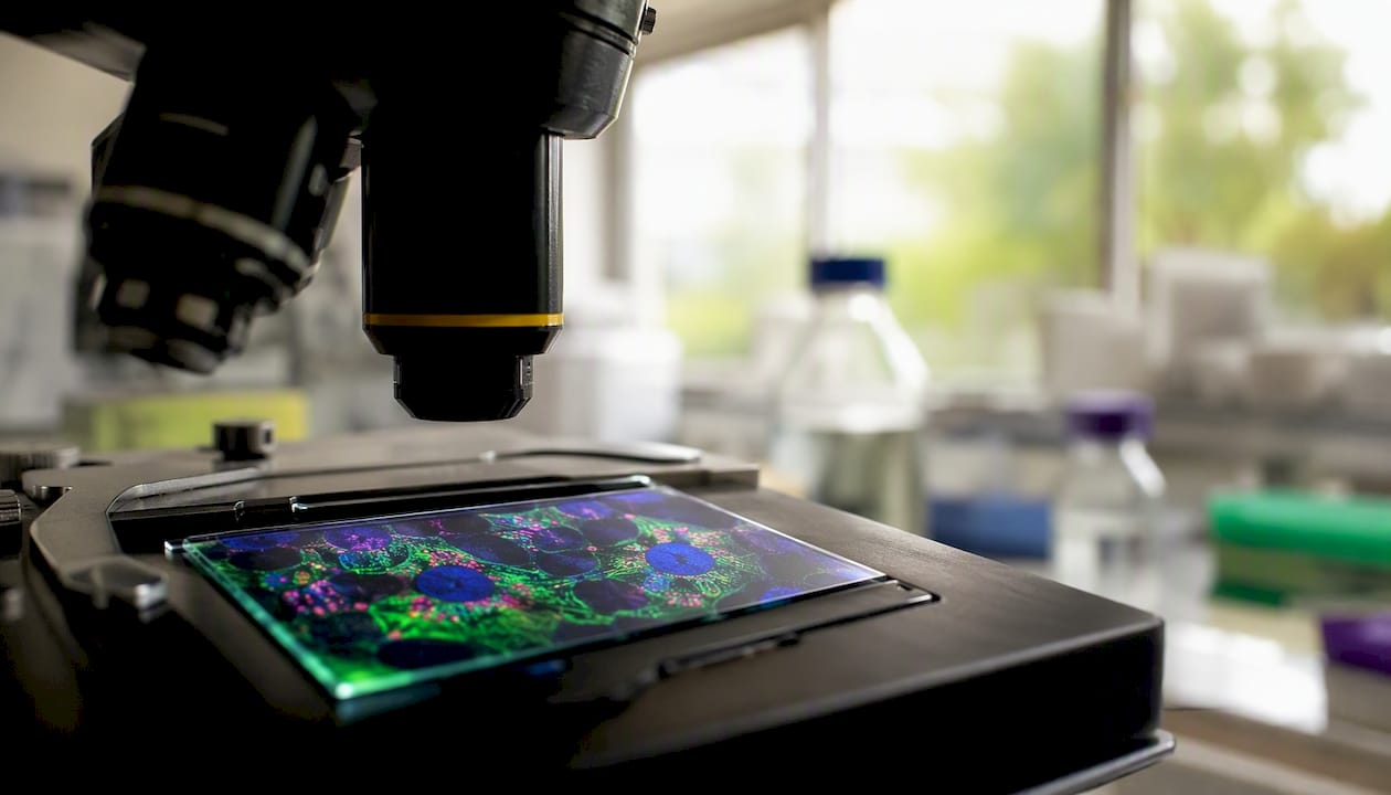 Microscope slide showing autophagosomes in cells