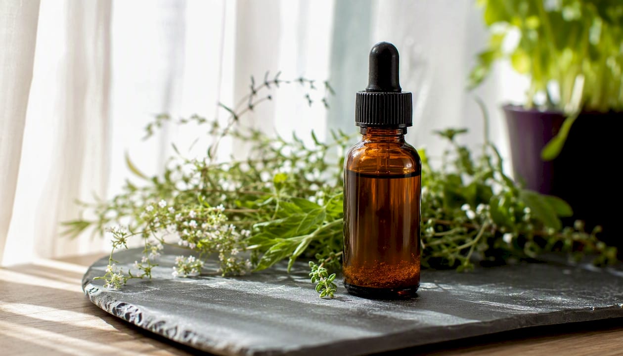 Dark glass tincture bottle showing sediment and fresh herbs