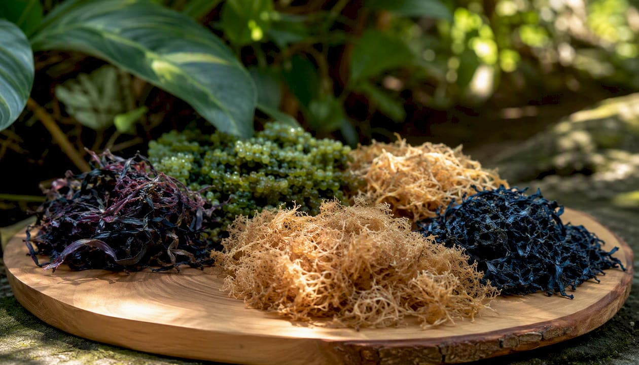 Dried sea moss and sea vegetables on ceramic plate