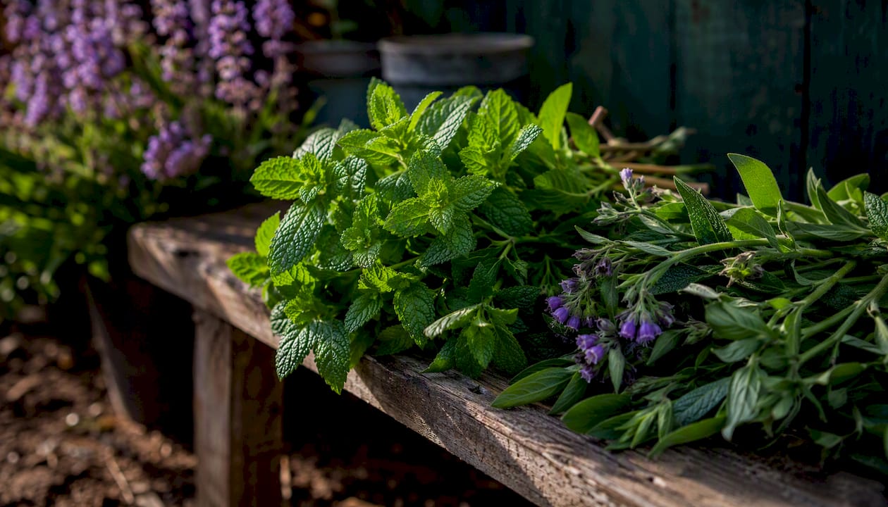 Fresh peppermint and comfrey on wooden table