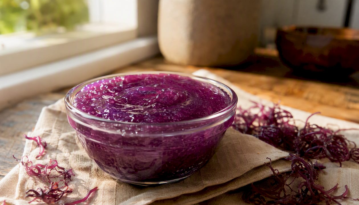 Purple sea moss gel in glass bowl