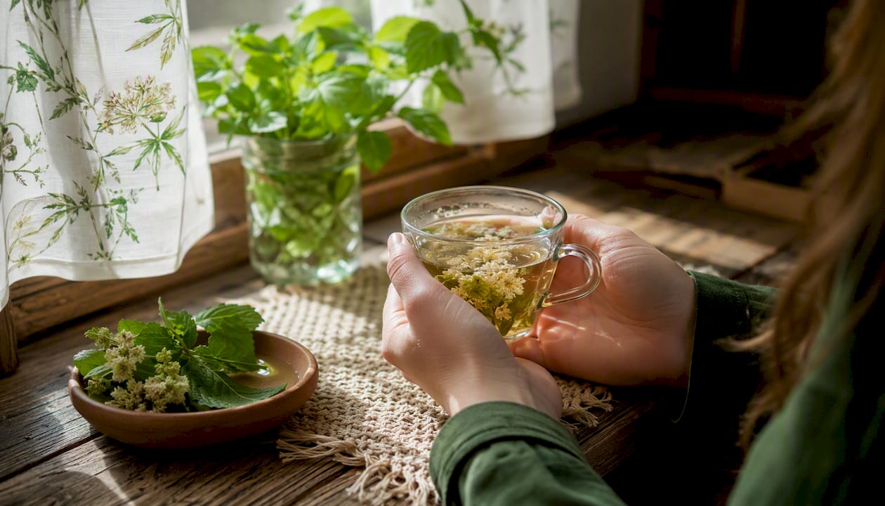 Hands covering cup of elderflower lemon balm tea