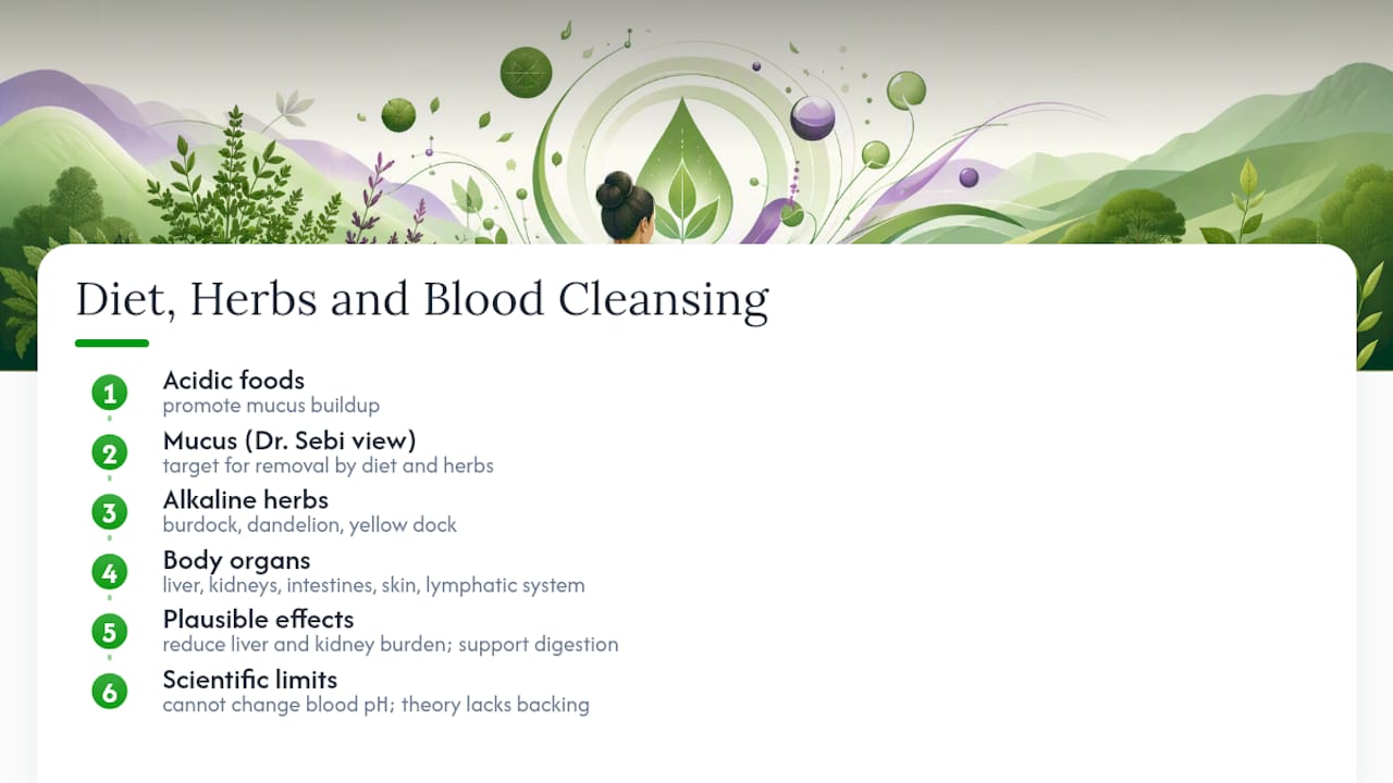 Diagram showing alkaline herbs reducing mucus from acidic foods