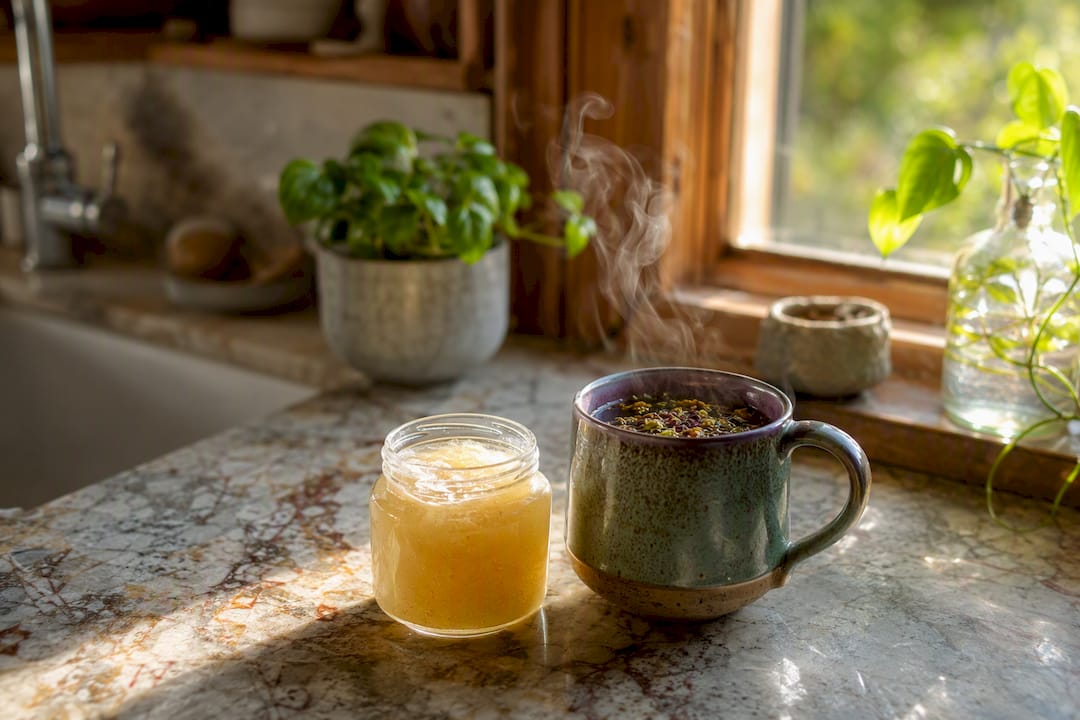Ceramic cup of herbal tea and jar of sea moss gel
