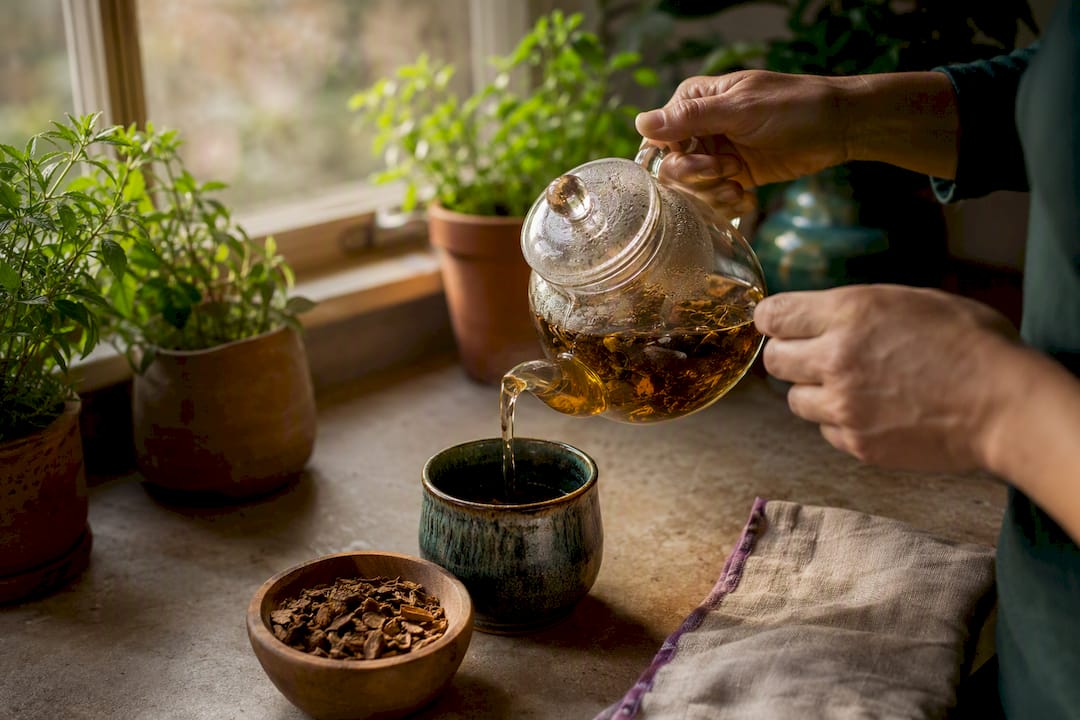 Pouring cascara sagrada herbal tea in cup