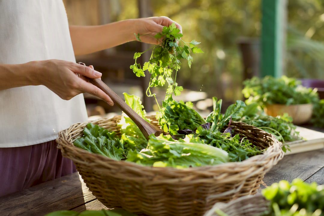 Hand tossing fresh alkaline herbs and veggies