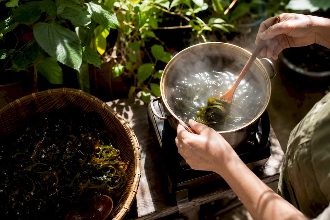 Hands blanching seaweed in steaming pot