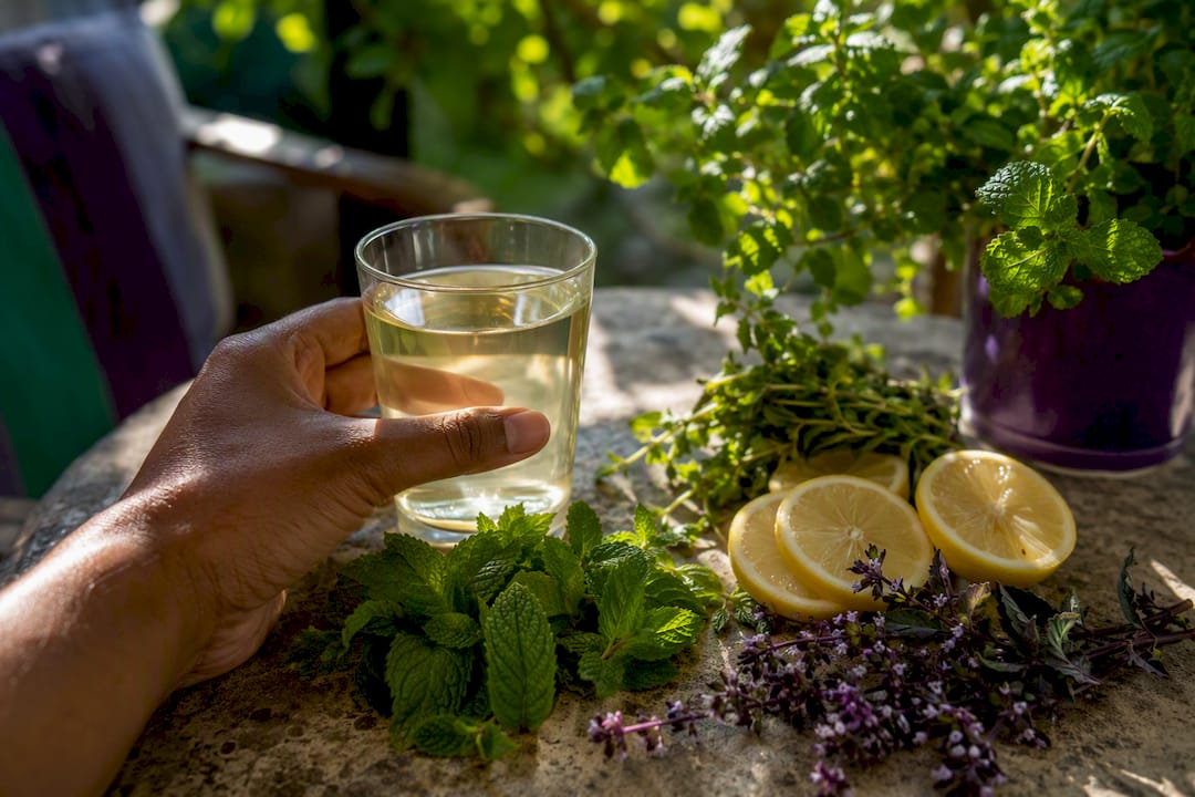 Hydration color and fresh herbs on counter