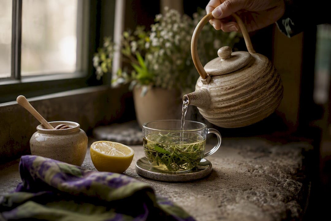 Hand pouring hot water over herbs in teacup