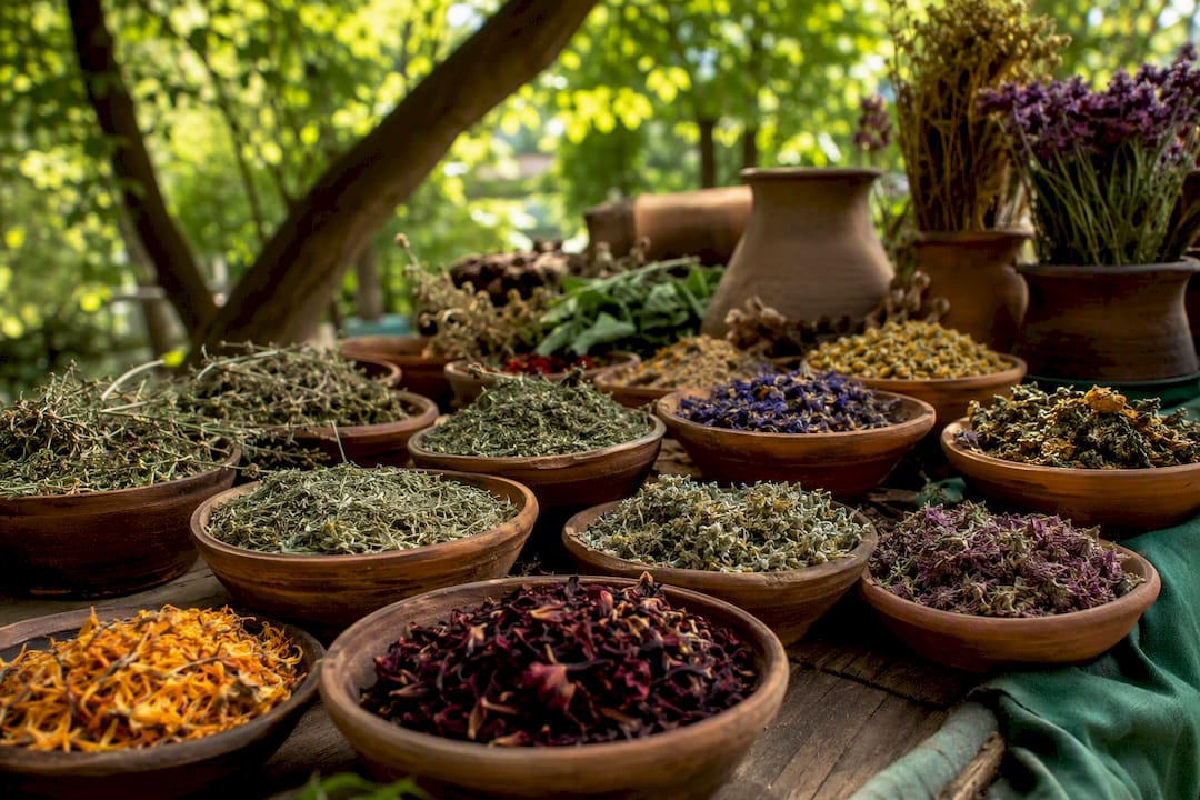 Variety of dried herbal powders on wooden surface