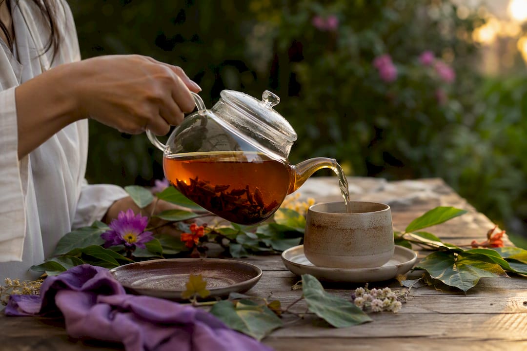 Clear glass teapot brewing sarsaparilla root tea