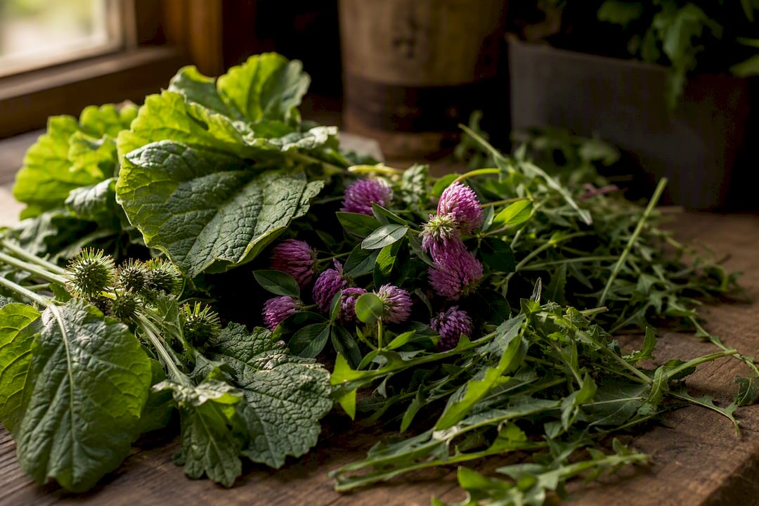 Fresh alkaline herbs on wooden board