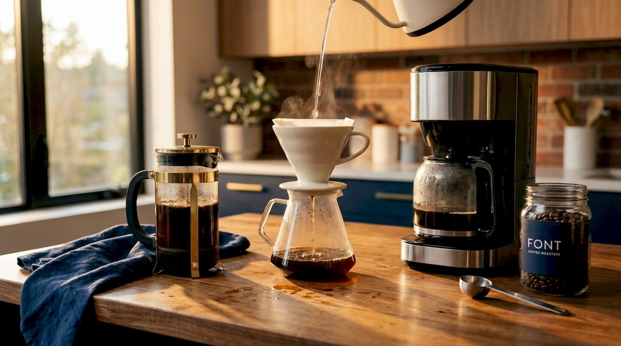 Different coffee brewing methods on kitchen counter