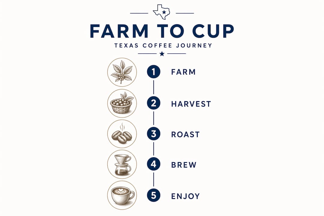 Infographic showing Texas coffee farm to cup journey