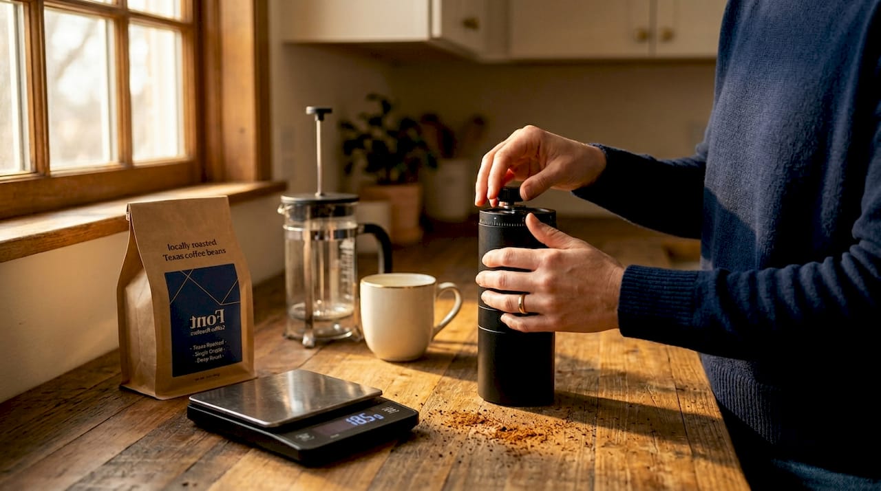 Woman prepping coffee with grinder and French press