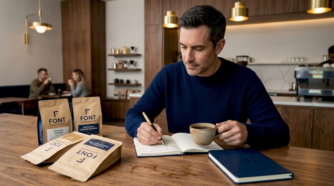 Man recording coffee tasting notes in café