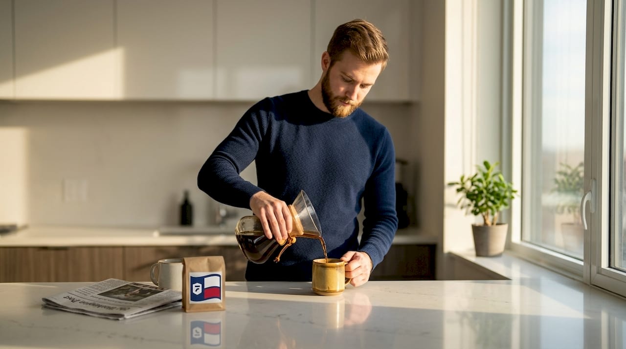 Man pouring morning coffee at dining table
