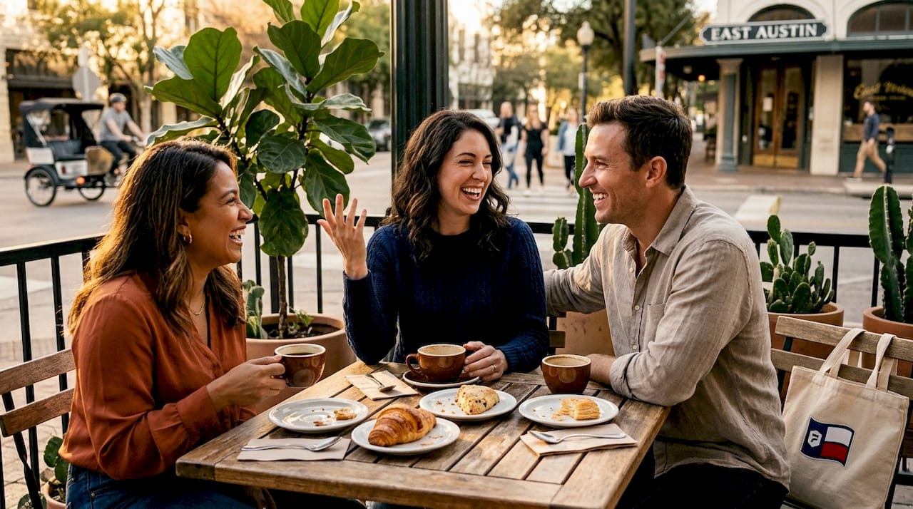 Friends chatting at Texas coffee shop table
