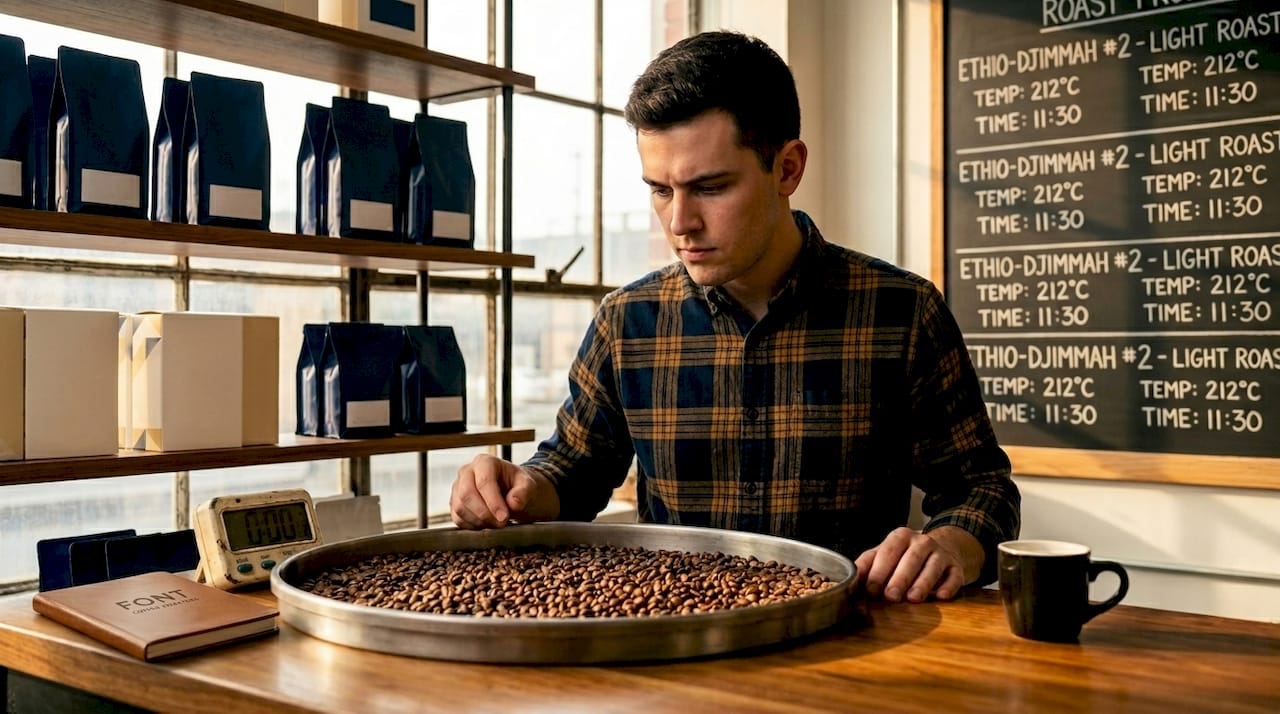 Barista inspecting fresh roasted beans in café