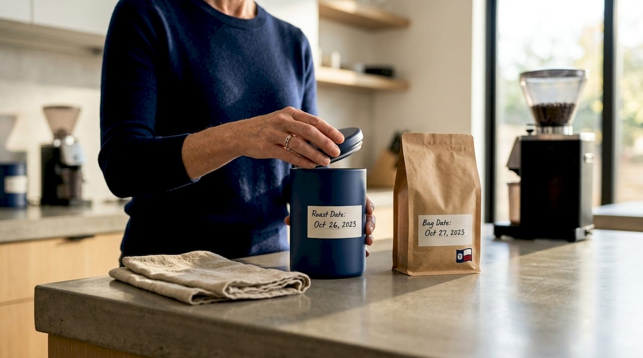 Woman checking roast date on coffee beans