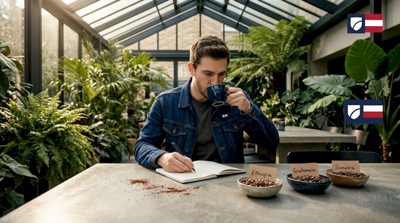 Man tasting and noting different coffees