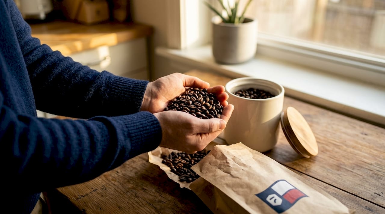 Hands preparing coffee beans storage