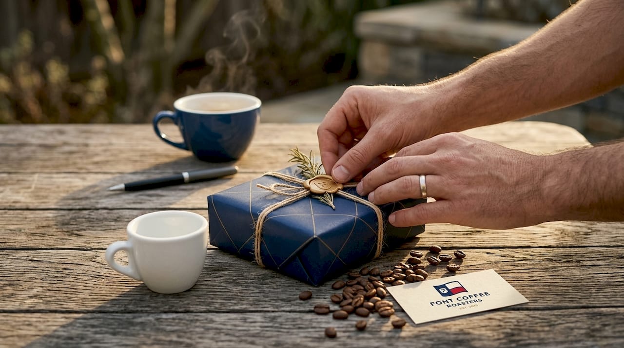 Applying wax seal and herbs to coffee gift