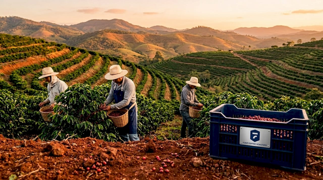 Coffee farm on mountain hillside with workers harvesting