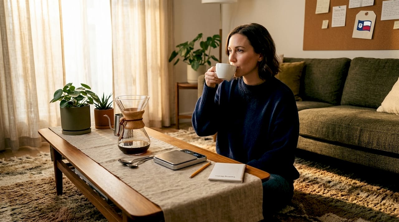 Woman tasting single origin coffee at home table