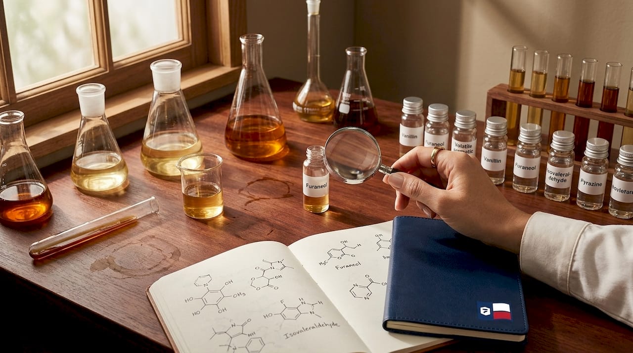 Close-up of lab bench with coffee chemical samples