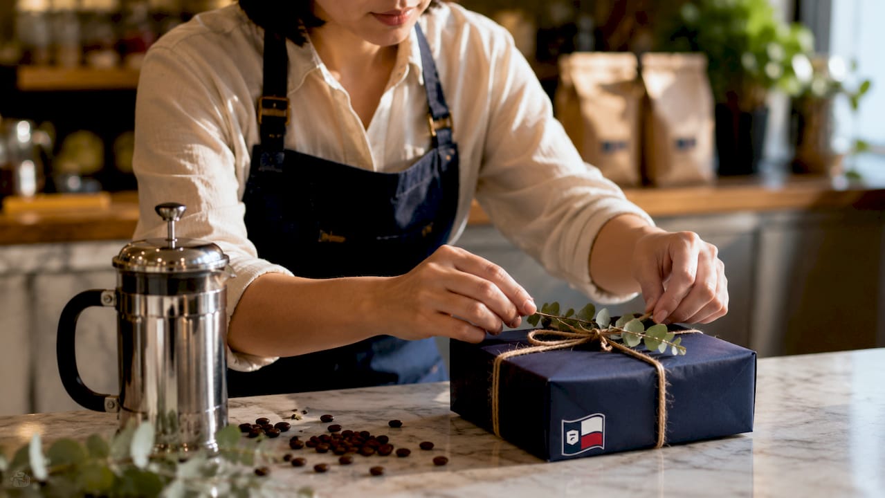 Barista arranging artisan coffee gift packaging