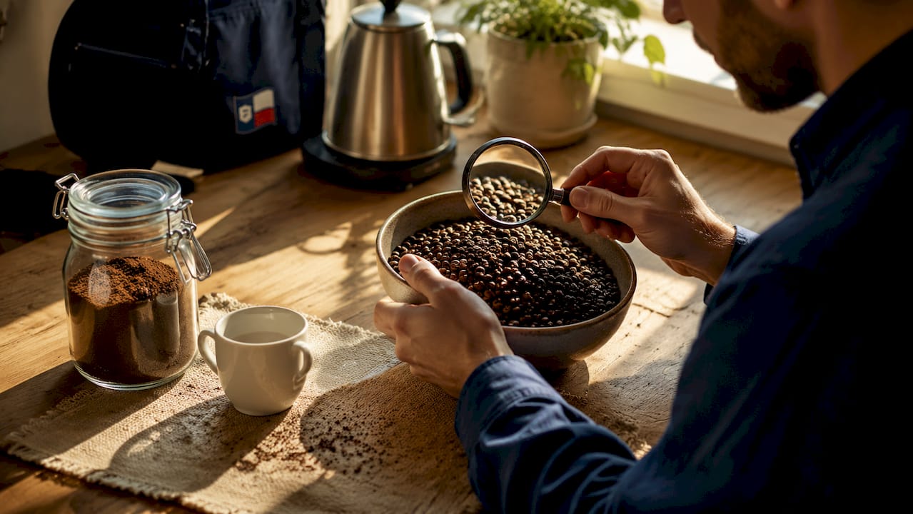 Close-up hand inspecting coffee aroma transformation