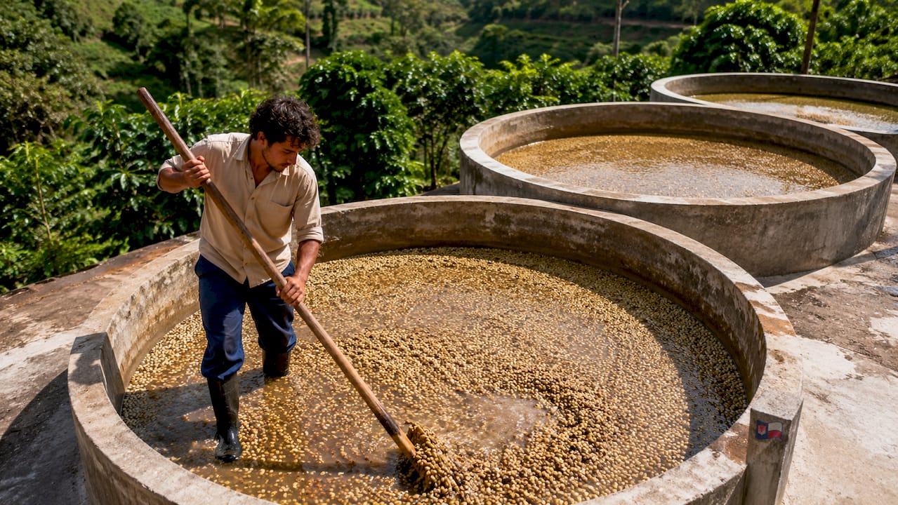 Technician stirring coffee beans in fermentation tank